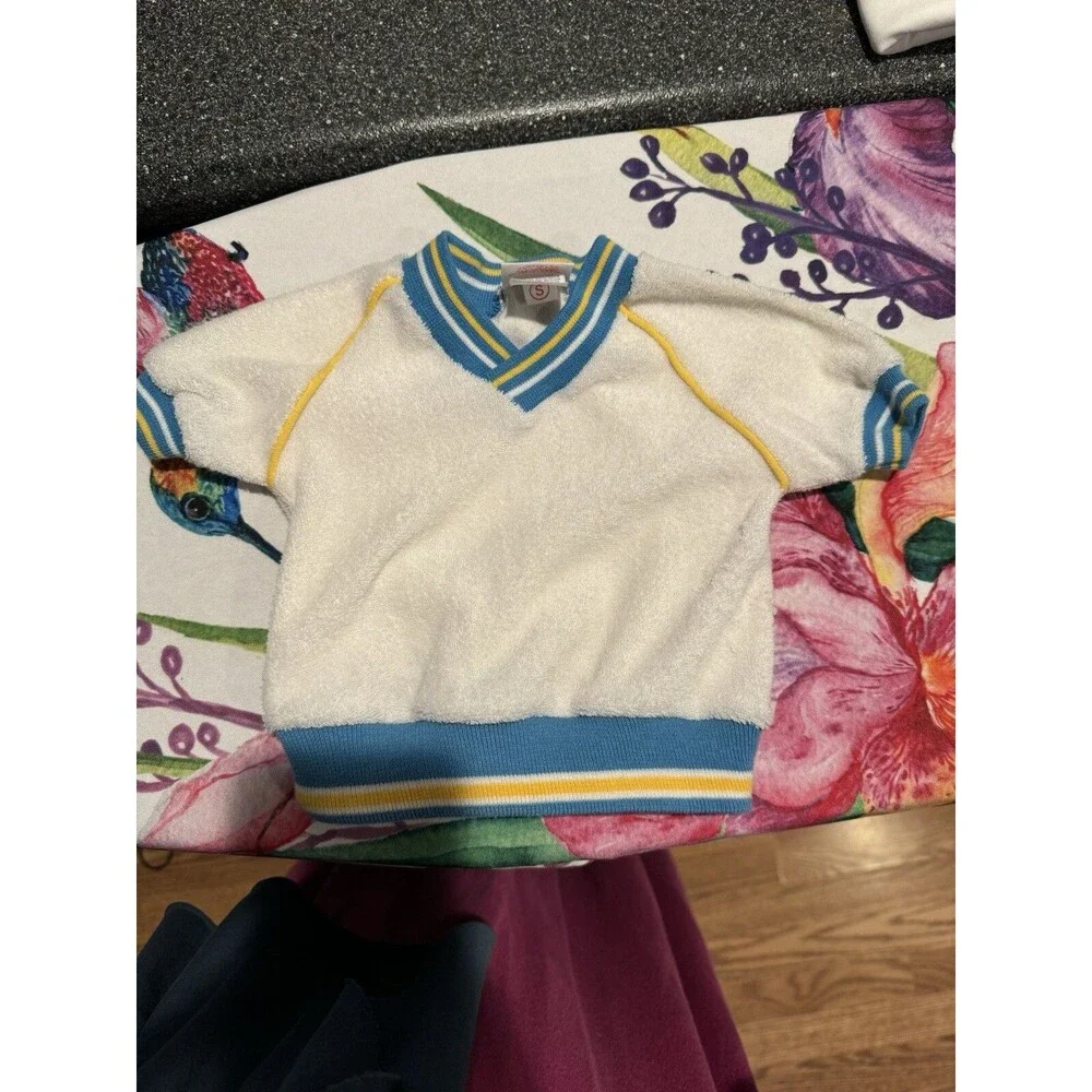Vtg Buster Brown 12mo Short Sleeve White Blue Yellow Terry Sweat Shirt 1970's